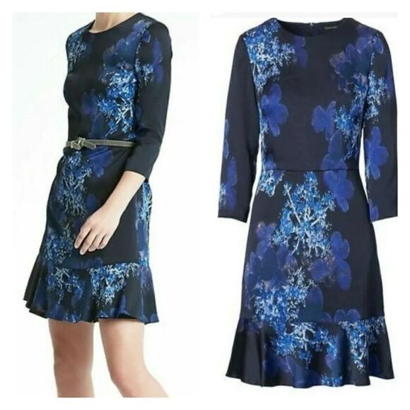 BANANA REPUBLIC FLORAL PRINT 3/4 SLEEVE FIT & FLARE DRESS BLUE MULT Size 6 - Picture 1 of 12